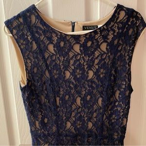 Venus, size 10, cocktail dress in Navy blue lace on a nude/tan shell.